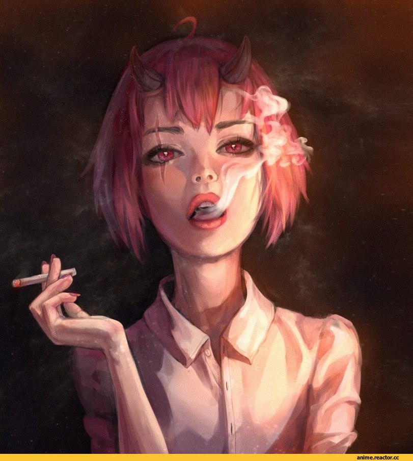 Anime Art, art девушка, красивые картинки, демон, курение, сигареты, Anime
