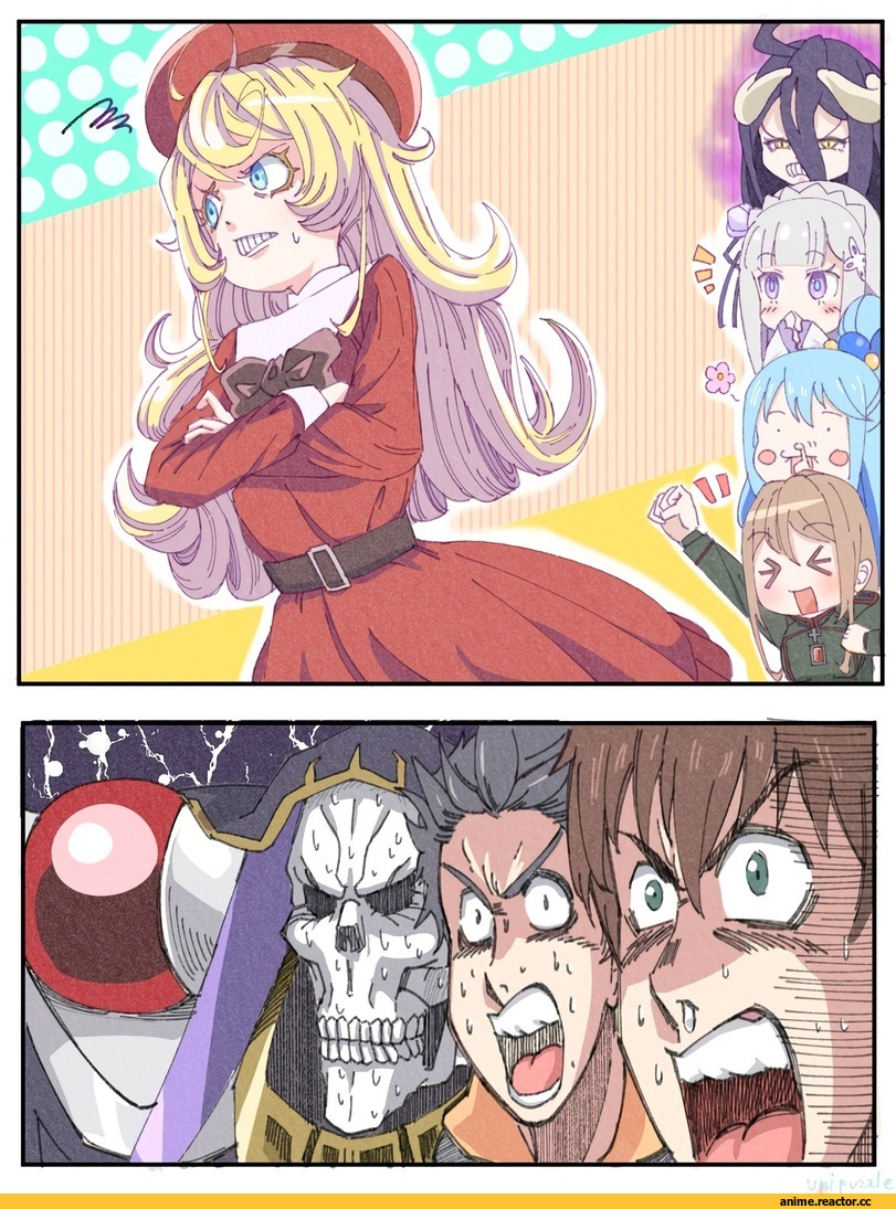 Isekai Quartet, Tanya Degurechaff, Viktoriya Ivanovna Serebryakov, Albedo, Ainz Ooal Gown, Natsuki Subaru, Emilia (re zero), Aqua (KonoSuba), Satou Kazuma, Anime Art, Anime, Re Zero Kara Hajimeru Isekai Seikatsu, Overlord (Anime), KonoSuba, Youjo Senki, Floor Guardian (Overlord)