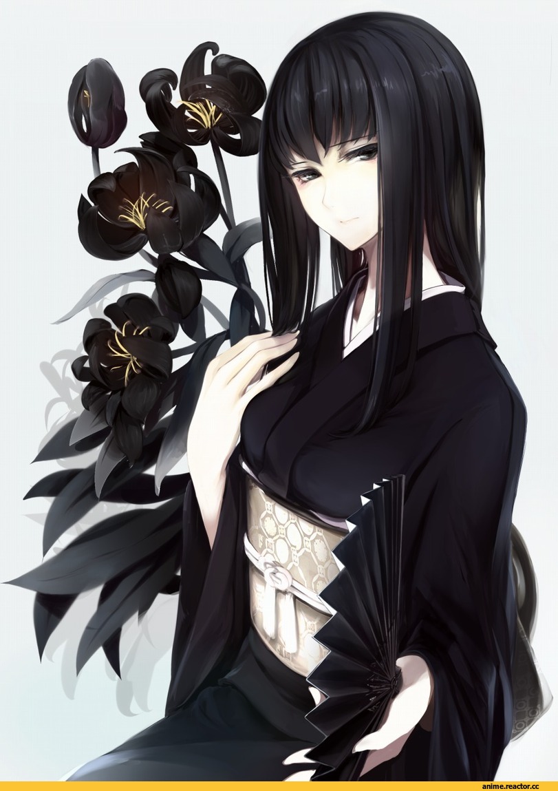 art, black hair, flower, Anime