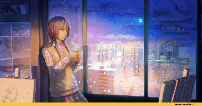 art, красивые картинки, обои, wallpaper, зима, девушка, Кликабельно, вид из окна, hd, Anime