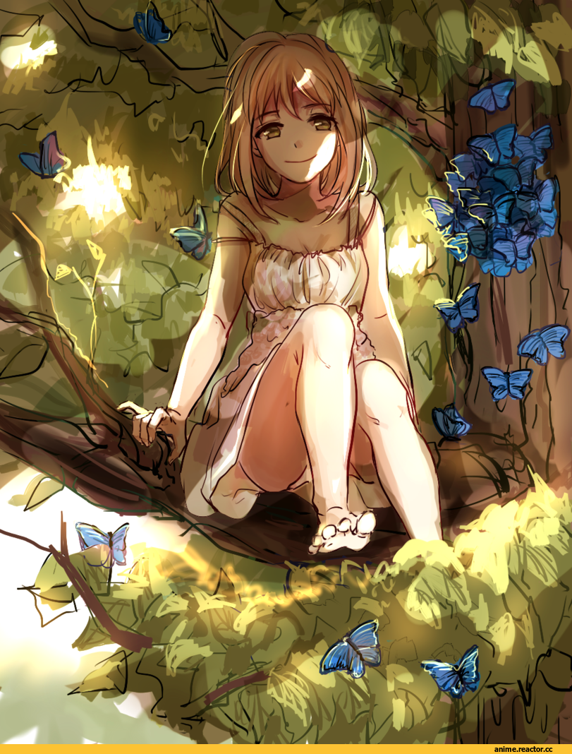 butterfly, dress, tree, smile, sundress, Anime Art, art девушка, красивые картинки, Anime