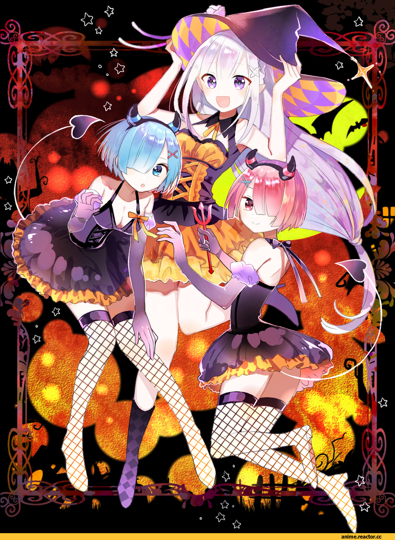 Re Zero Kara Hajimeru Isekai Seikatsu, Rem (re zero), Ram (Re Zero), Emilia (re zero), mosu2, Anime Halloween, Anime