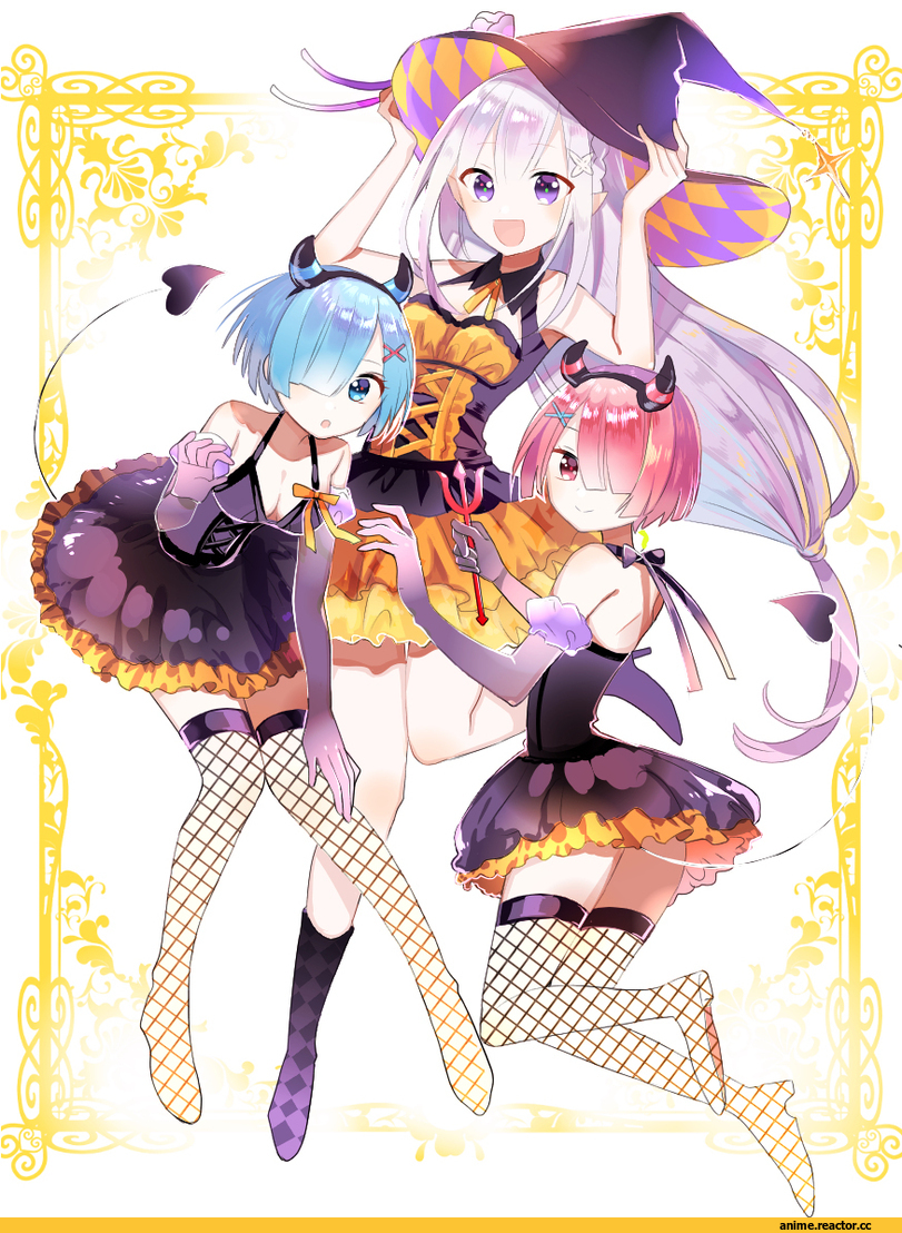 Re Zero Kara Hajimeru Isekai Seikatsu, Rem (re zero), Ram (Re Zero), Emilia (re zero), mosu2, Anime Halloween, Anime