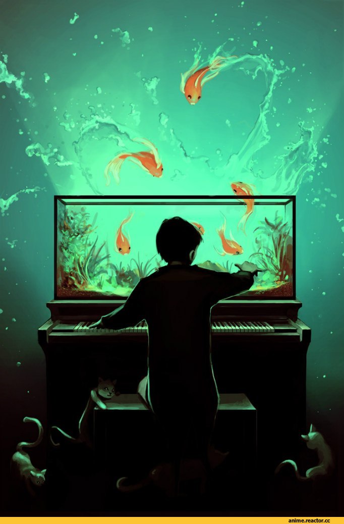 art, котэ, рыбки, пианино, аквариум, песочница, Anime