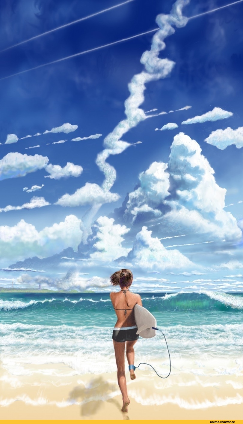 море, песок, серфинг, девушка, песочница, арт, Anime