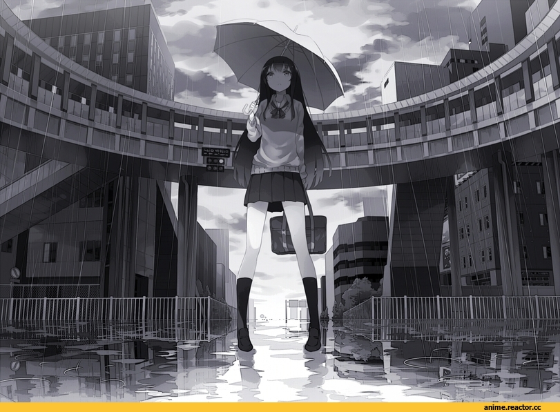 девушка, art, Anime Art, зонт, дождь, песочница, Anime