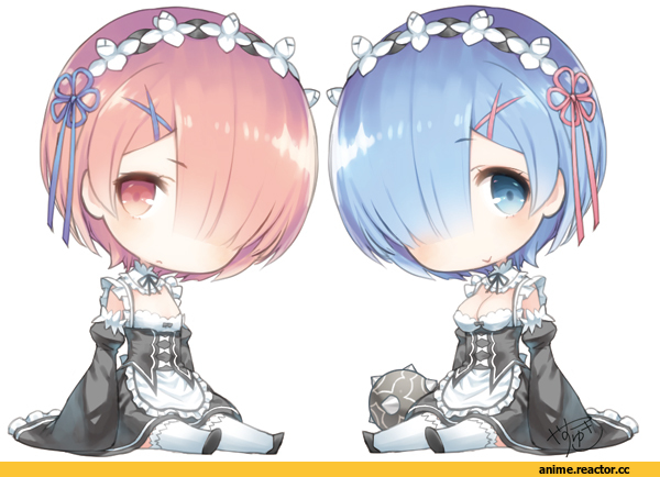 Re Zero Kara Hajimeru Isekai Seikatsu, Rem (re zero), Ram (Re Zero), Yasuyuki, Anime Art, chibi, Maid, Anime