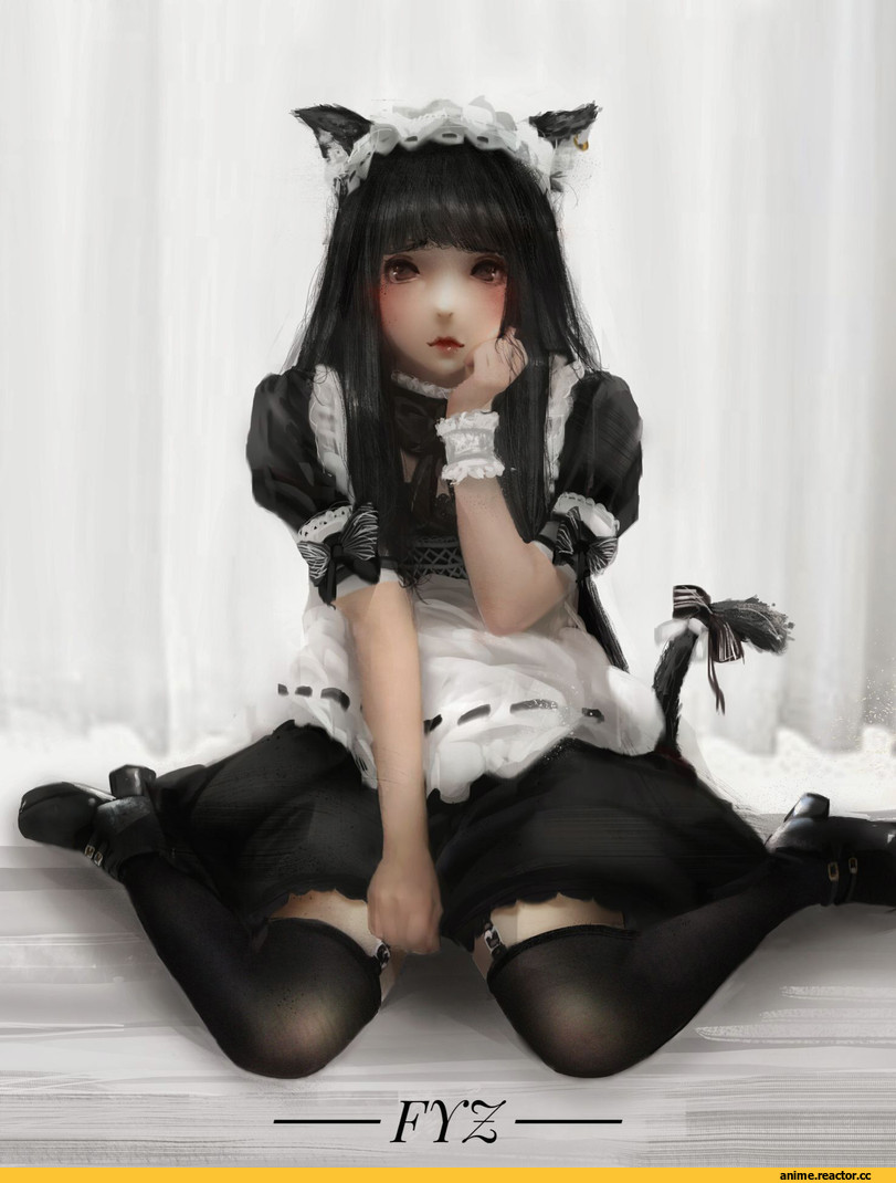 Anime Art, Maid, Animal Ears, ушки, neko, yezi Feng, Anime