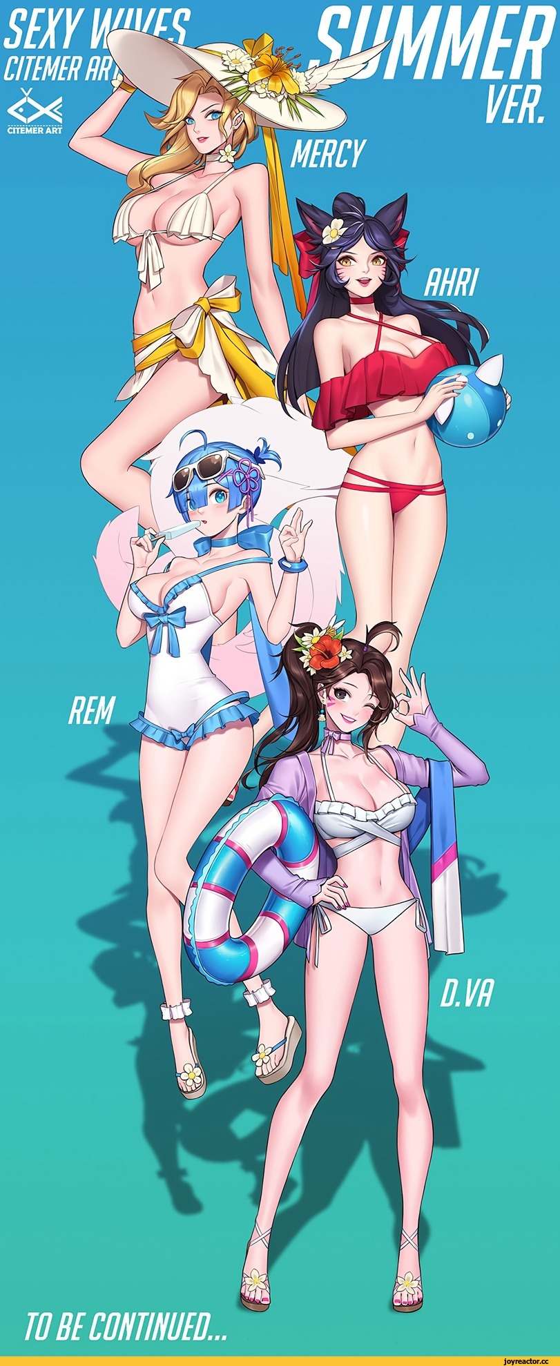 Mercy (Overwatch), фэндомы, Rem (re zero), Re Zero Kara Hajimeru Isekai Seikatsu, Ahri, League of Legends, D.Va, crossover, Citemer, artist, Anime, Overwatch, Blizzard