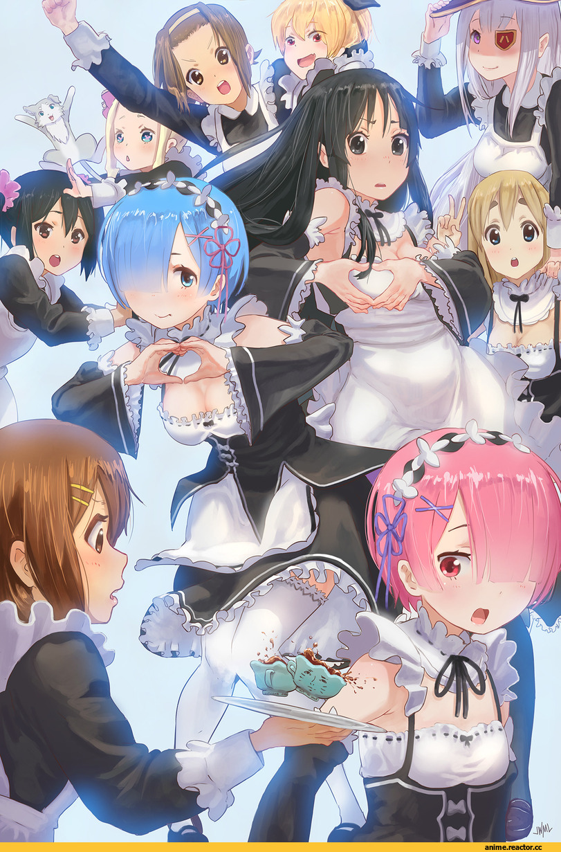 Rem (re zero), Ram (Re Zero), Megumin, Emilia (re zero), Akiyama Mio, Hirasawa Yui, Kotobuki Tsumugi, Nakano Azusa, crossover, Maid, Anime, Re Zero Kara Hajimeru Isekai Seikatsu, KonoSuba, K-ON!, steamy tomato, Beatrice (Re Zero), Tainaka Ritsu