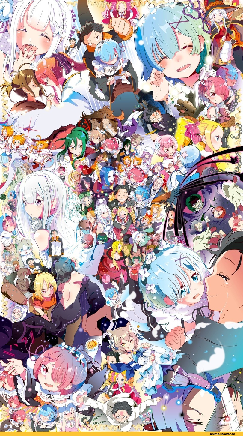 Re Zero Kara Hajimeru Isekai Seikatsu, KonoSuba, Rem (re zero), Ram (Re Zero), Emilia (re zero), Natsuki Subaru, crossover, aloe (kenkou3733), Anime